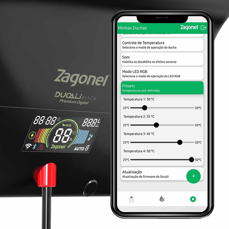 Chuveiro Ducha Eletrônica Ducali com Led Zagonel  7500W (Funciona tanto a Gás como Elétrico)