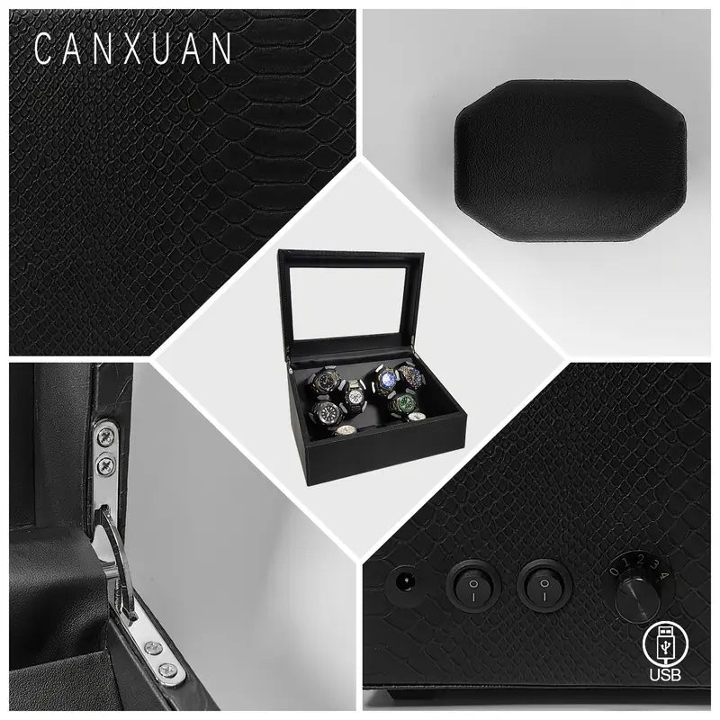 Caixa De Exibição Para Movimentador Automático De Relógio Cor Preto (Cabe 6 relogios em movimento + 6 relogios na parte fixa)