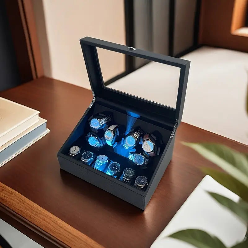Caixa De Exibição Para Movimentador Automático De Relógio Cor Preto (Cabe 6 relogios em movimento + 6 relogios na parte fixa)
