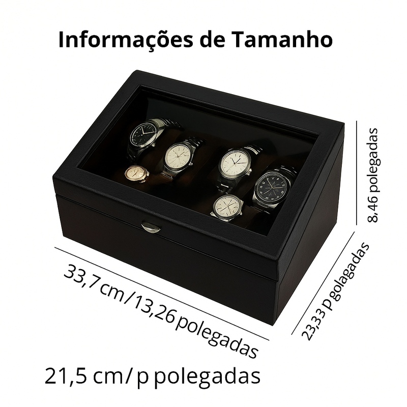 Caixa De Exibição Para Movimentador Automático De Relógio Cor Preto (Cabe 6 relogios em movimento + 6 relogios na parte fixa)