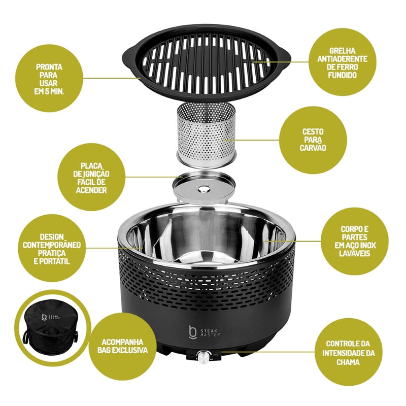 Churrasqueira portátil a carvão biscuitt Steak Master Smoke & Fire Usb com Bag