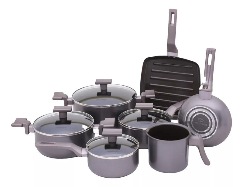 Jogo de Panelas 7 Peças Indução Gás Conjunto de Panelas Revestido em Cerâmica Granito Antiaderente Frigideira