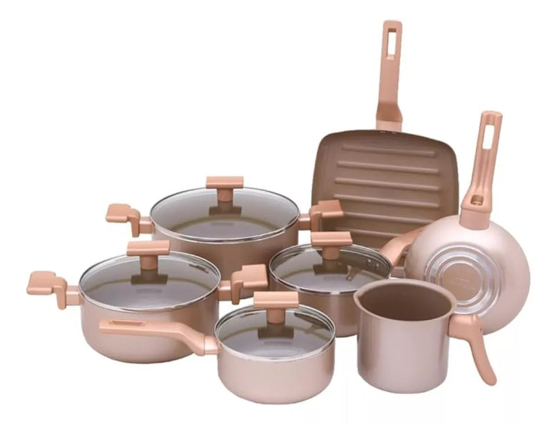 Jogo de Panelas 7 Peças Indução Gás Conjunto de Panelas Revestido em Cerâmica Granito Antiaderente Frigideira