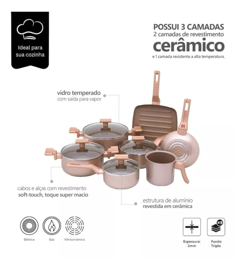 Jogo de Panelas 7 Peças Indução Gás Conjunto de Panelas Revestido em Cerâmica Granito Antiaderente Frigideira