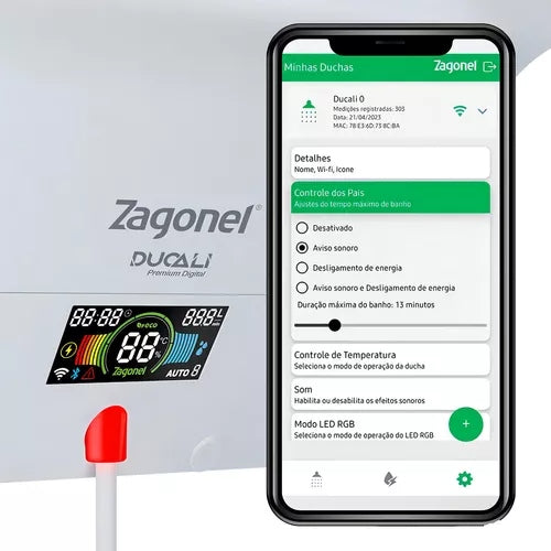 Chuveiro Ducha Eletrônica Ducali com Led Zagonel  7500W (Funciona tanto a Gás como Elétrico)