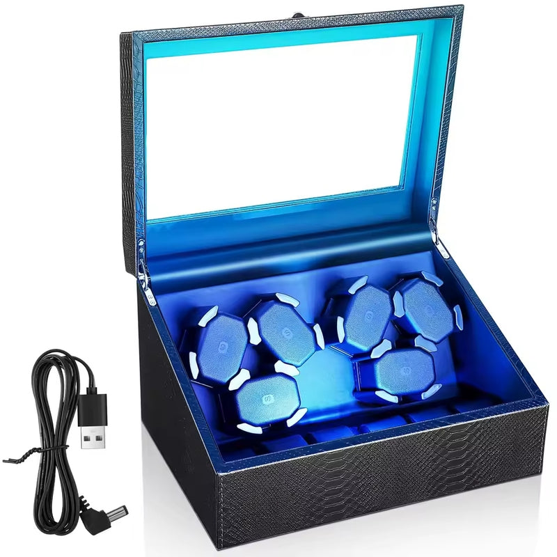 Caixa De Exibição Para Movimentador Automático De Relógio Cor Preto (Cabe 6 relogios em movimento + 6 relogios na parte fixa)