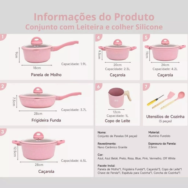 Jogo de Panelas 5 Peças Indução Gás Conjunto de Panelas Revestido em Cerâmica Granito Antiaderente Frigideira