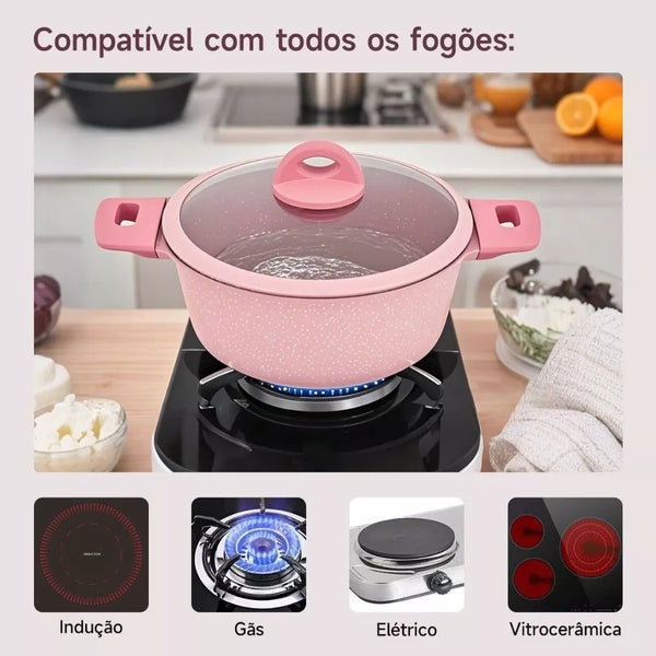 Jogo de Panelas 5 Peças Indução Gás Conjunto de Panelas Revestido em Cerâmica Granito Antiaderente Frigideira